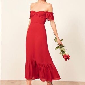 Reformation Red Off-Shoulder Butterly Flutter Sleeve Midi Dress